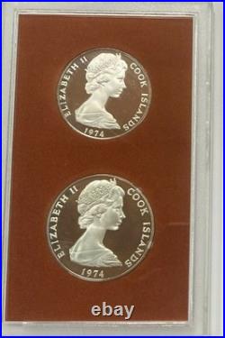1974 COOK ISLANDS OFFICIAL 2 Oz STERLING SILVER PROOF SET (2) RAM PKG