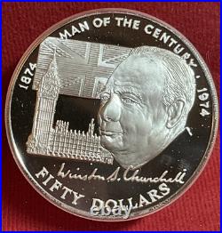 1974 Cook Islands $50.925 Sterling Silver Proof Churchill Coin in OGP Box