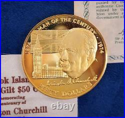 1974 Cook Islands $50 Silver Gilt Proof Coin-Churchill Centenary Free Ship USA