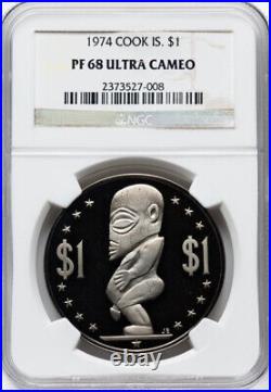 1974 Cook Islands Tiki Moai Polynesian Tangaroa god SILVER PROOF 0.925 Coin NGC