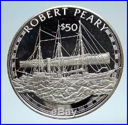 1988 COOK ISLANDS Explorer Robert Peary w SAILING SHIP Silver $50 Coin i75178