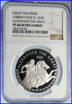 1988 COOK ISLANDS Explorers ALEXANDER THE GREAT PRF Silver $50 Coin NGC i105917