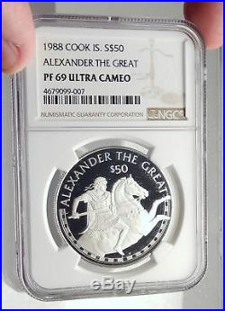 1988 COOK ISLANDS Proof Silver $50 Coin ALEXANDER III the GREAT Horse NGC i72151