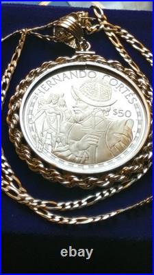 1988 Cook Islands Cortez Conquistador Silver Dollar Pendant With Chain Box & Coa