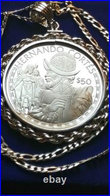 1988 Cook Islands Cortez Conquistador Silver Dollar Pendant With Chain Box & Coa