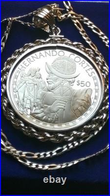 1988 Cook Islands Cortez Conquistador Silver Dollar Pendant With Chain Box & Coa