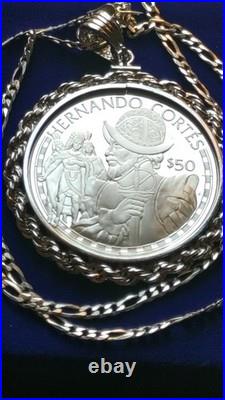 1988 Cook Islands Cortez Conquistador Silver Dollar Pendant With Chain Box & Coa