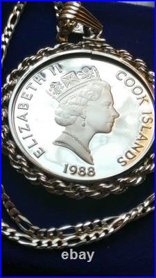 1988 Cook Islands Cortez Conquistador Silver Dollar Pendant With Chain Box & Coa