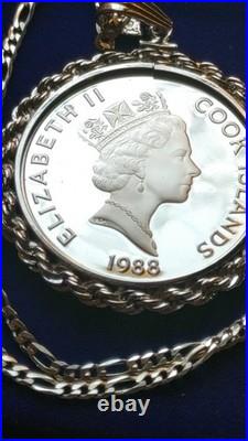 1988 Cook Islands Cortez Conquistador Silver Dollar Pendant With Chain Box & Coa