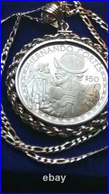 1988 Cook Islands Cortez Conquistador Silver Dollar Pendant With Chain Box & Coa