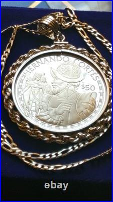 1988 Cook Islands Cortez Conquistador Silver Dollar Pendant With Chain Box & Coa