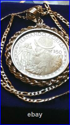 1988 Cook Islands Cortez Conquistador Silver Dollar Pendant With Chain Box & Coa