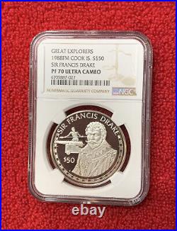 1988 FM Cook Islands Sir Francis Drake $50 Silver Coin NGC PF 70 UC TOP POP