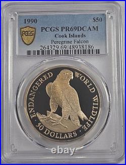 1990 Cook Islands 50 Dollars Peregrine Falcon Silver Coin Km# 119 PCGS PR 69DCAM