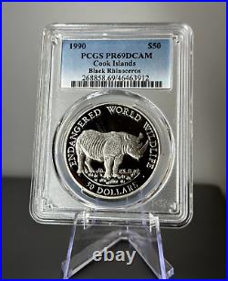 1990 Cook Islands 50 Dollars Proof Silver Coin Black Rhino PR69DCAM Top Pop 1/0