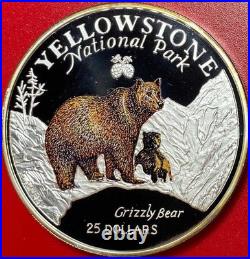 1996 Cook Islands $25 Grizzly Bear 5 Oz Silver Proof Colorized Yellowstone Park