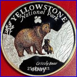 1996 Cook Islands $25 Grizzly Bear 5 Oz Silver Proof Colorized Yellowstone Park