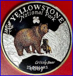 1996 Cook Islands $25 Grizzly Bear 5 Oz Silver Proof Colorized Yellowstone Park