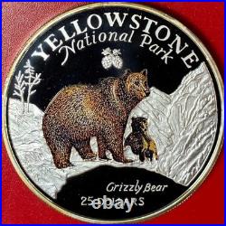 1996 Cook Islands $25 Grizzly Bear 5 Oz Silver Proof Colorized Yellowstone Park
