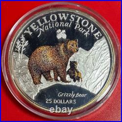 1996 Cook Islands $25 Grizzly Bear 5 Oz Silver Proof Colorized Yellowstone Park