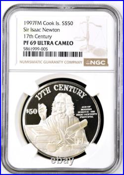 1997-FM Cook Islands $50 Dollars 17th Century Isaac Newton Silver NGC PF 69 UC