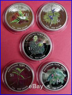 1999 Cook Islands 5 X $1 Threatened Flora 1oz. 999 Silver Proof Coins. Box & COA