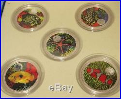1999 Cook Islands Five 1oz Silver Coins Coloured Marine Life Set / Collection
