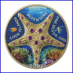 1 Oz Silver Coin 2021 Cook Islands $1 Sea Star Seabed Yellow Gold Star Crystals