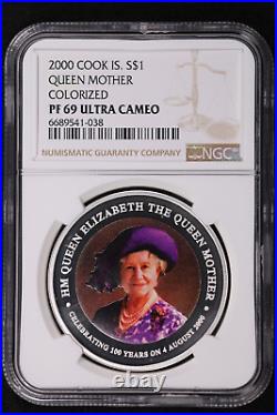 2000 Cook Islands Colorized Silver Dollar Coin Queen Mother NGC PF 69 UC