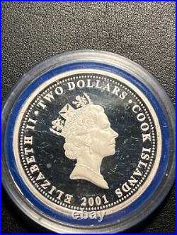 2001 Cook Islands $2 Black Faced Spoonbill Asian Wildlife 1 oz 999 silver proof