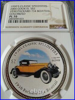 2006 Cook Island Boattail Classic Speedster 734 Packard 1oz Silver Coin NGC PL70