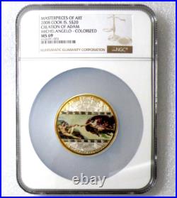 2008 Cook Islands $20-CREATION OF ADAM/MASTERPIECES OF ART, NGC MS69 Silver Coin