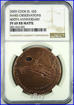 2009 Cook Islands 400th Anniv. Of Mars Silver Coin NGC PF69 RB Matte COA & Box