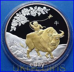 2009 Cook Islands Chinese Lunar Year of the Ox 1Oz Silver Proof Coin Gilded $5