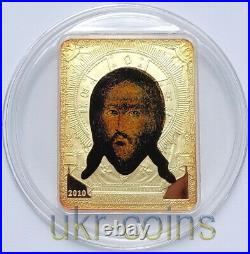 2010 Cook Islands $5 Holy Icon Jesus Christ Catholic Religion Silver Gilded Coin