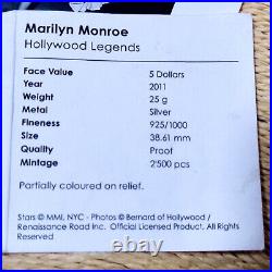 2011 Cook Island $5 Marilyn Monroe Hollywood Legends Silver Coin W Certificate
