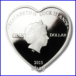 2013 Cook Islands $1 Yours Always Heart-shaped Proof Silver coin