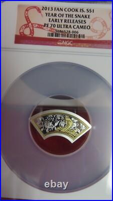2013 Cook Islands $1 dollar Lunar Calendar Year of the Snake Fan Shape PR70 NGC