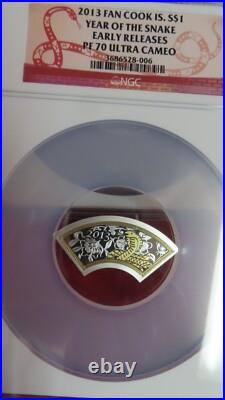 2013 Cook Islands $1 dollar Lunar Calendar Year of the Snake Fan Shape PR70 NGC
