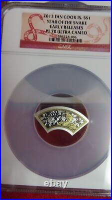 2013 Cook Islands $1 dollar Lunar Calendar Year of the Snake Fan Shape PR70 NGC