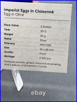 2013 Cook Islands $5 Imperial Egg in Cloisonné Easter in Olive. 999 Fine Silver