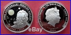2014 Cook Islands $10 450th Anniv. Galileo 2oz. 999 Silver Proof Coin Box & COA