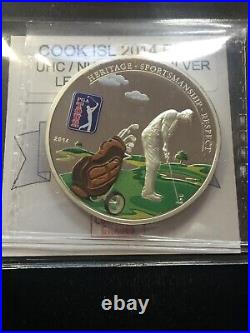 2014 Cook Islands, 1 Oz. 999 Silver $5 Dollar Leather Golf Bag CMG PF-68 UHC