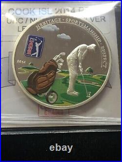 2014 Cook Islands, 1 Oz. 999 Silver $5 Dollar Leather Golf Bag CMG PF-68 UHC