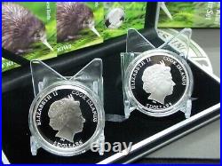 2014 Cook Islands KIWI Proof Silver (2 Coin) Set Flightless Birds Box & COA RP