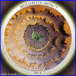 2014 MOLDAVITE IMPACT Silver Meteorite Color Curved Coin $5 Cook Islands