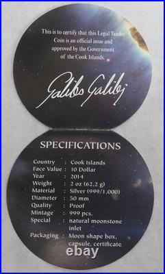2014 SILVER COOK ISLANDS 2oz 999 MINTED PROOF $10 GALILEO COIN MOON BOX & COA