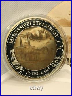 2015 Cook Islands $25 5oz Proof Silver Coin Mississippi Steamboat Mother of Pear