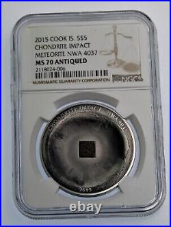 2015 Cook Islands 5 $ Chondrite Impact Meteorite NWA 4037 MS70 1 Oz Silver Coin