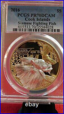 2016 $5 Cook Islands Siamese Fighting Fish. 999 Silver Gold Gilt Coin PCGS PR69